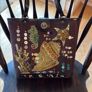 Edna Collinsesque Sea Creature Themed Vintage Embellished Black & Brown Tote Bag